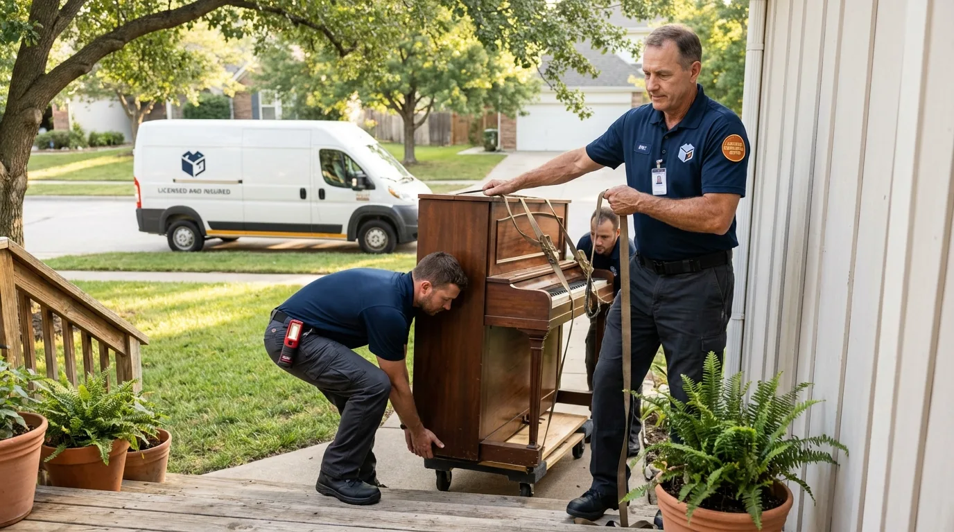 Licensed piano movers securing grand piano in Hawthorne, NJ