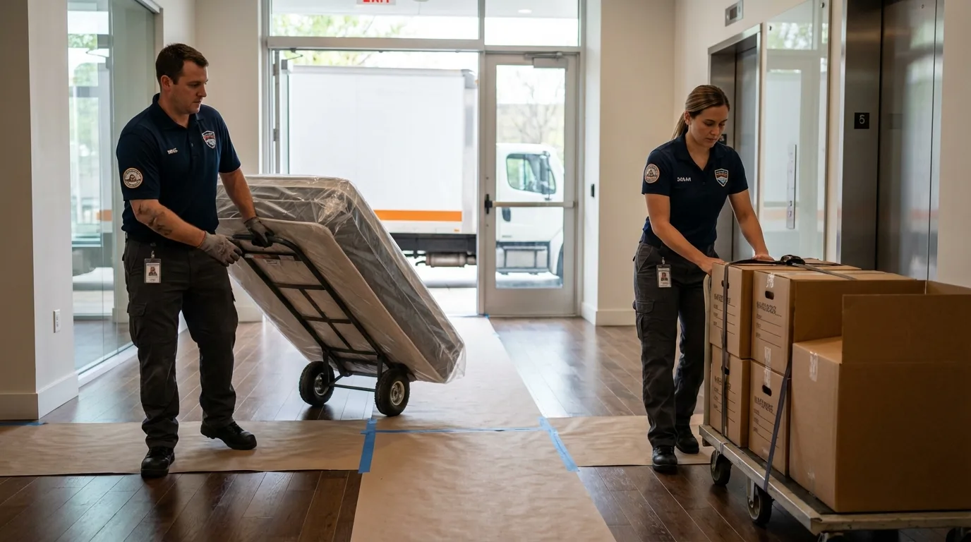 Professional apartment movers loading elevator in Hawthorne, NJ